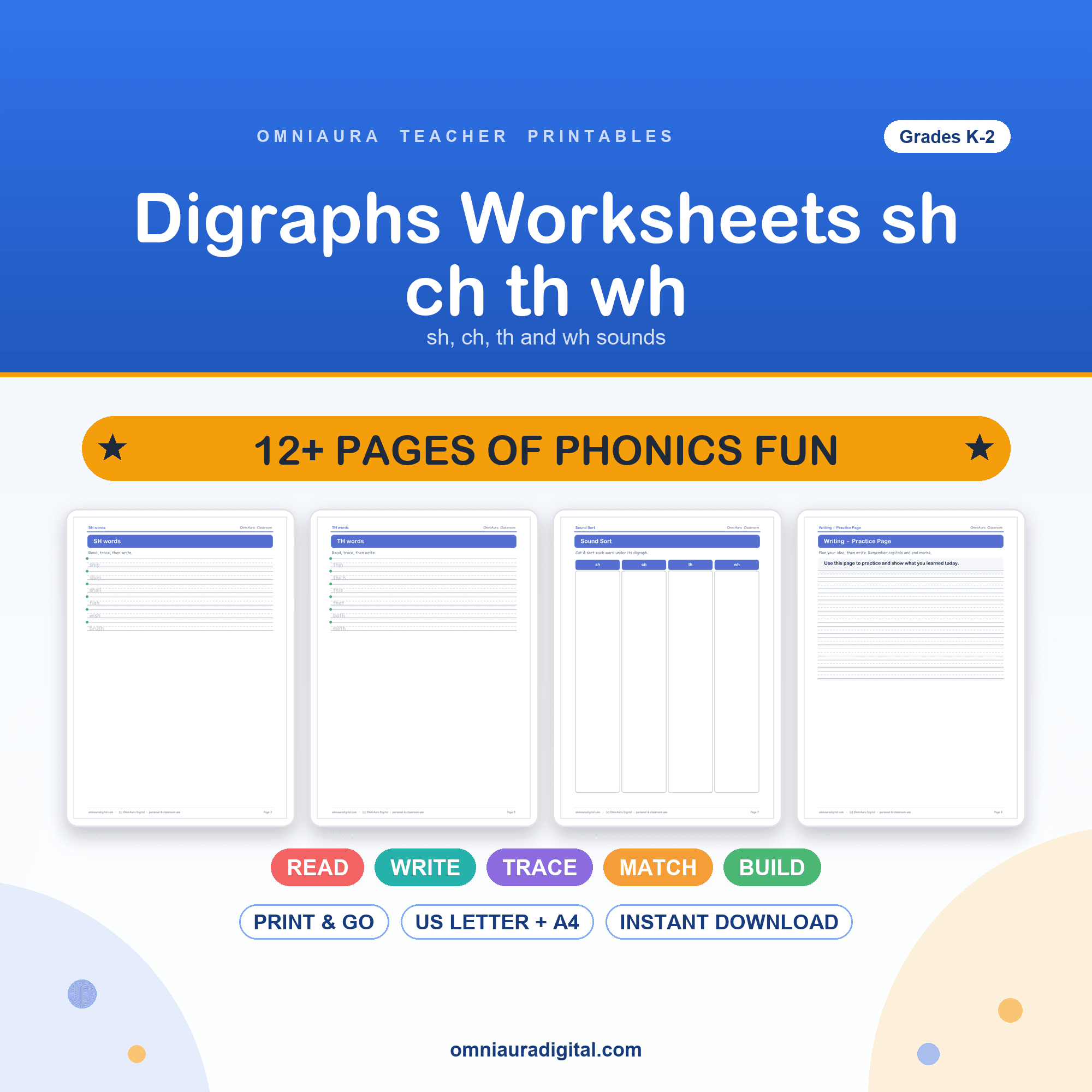 Preview of Digraphs Worksheets sh ch th wh — Education digital download