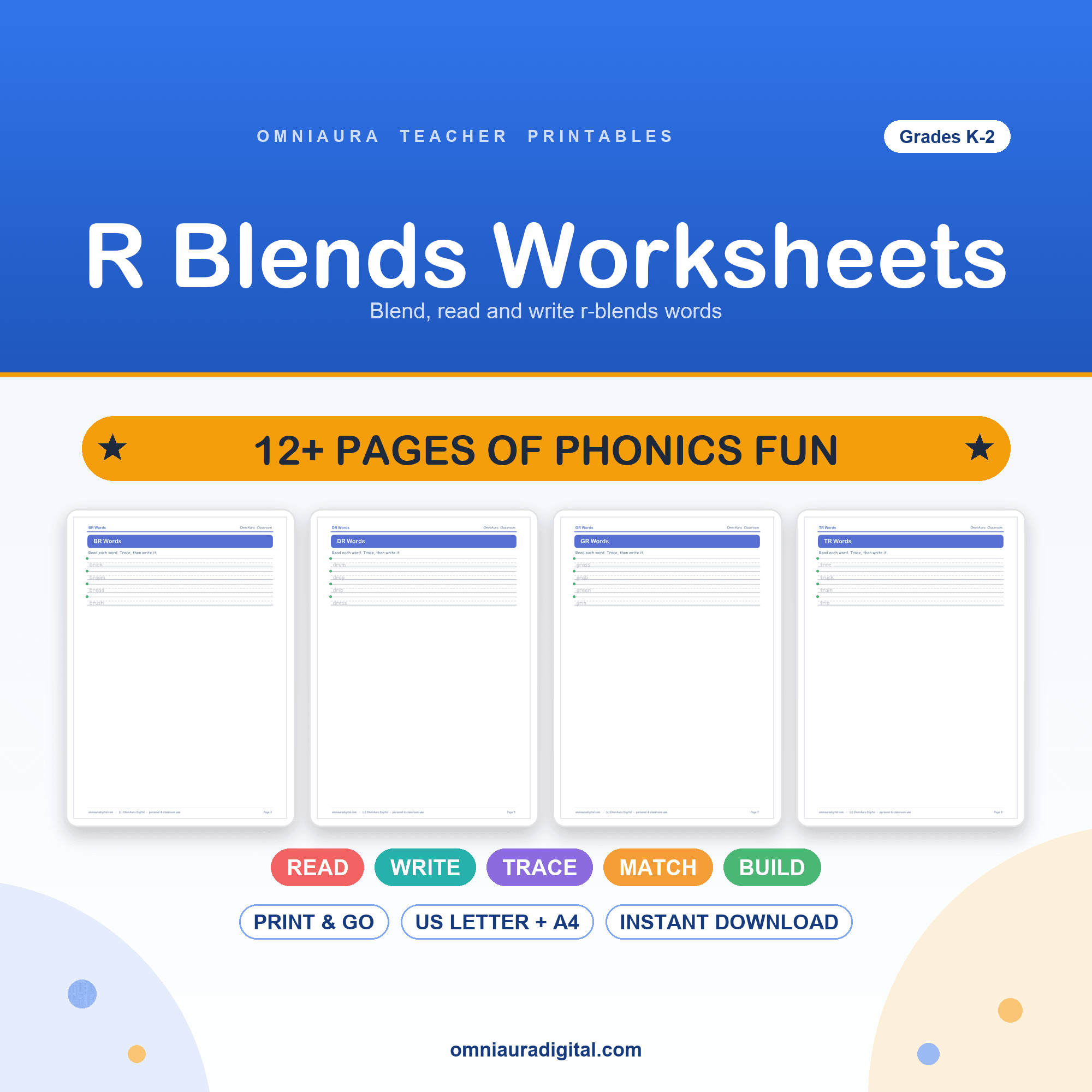 Preview of R Blends Worksheets — Education digital download