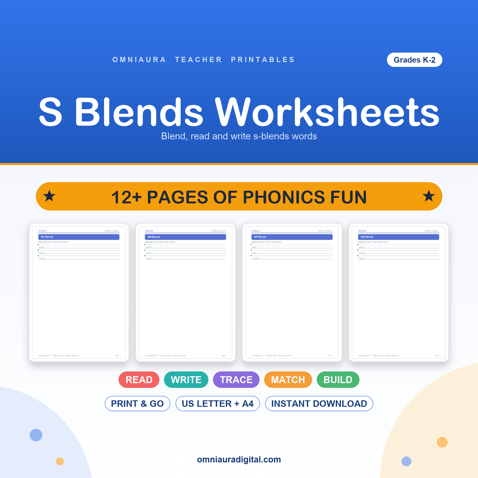 Preview of S Blends Worksheets — Education digital download
