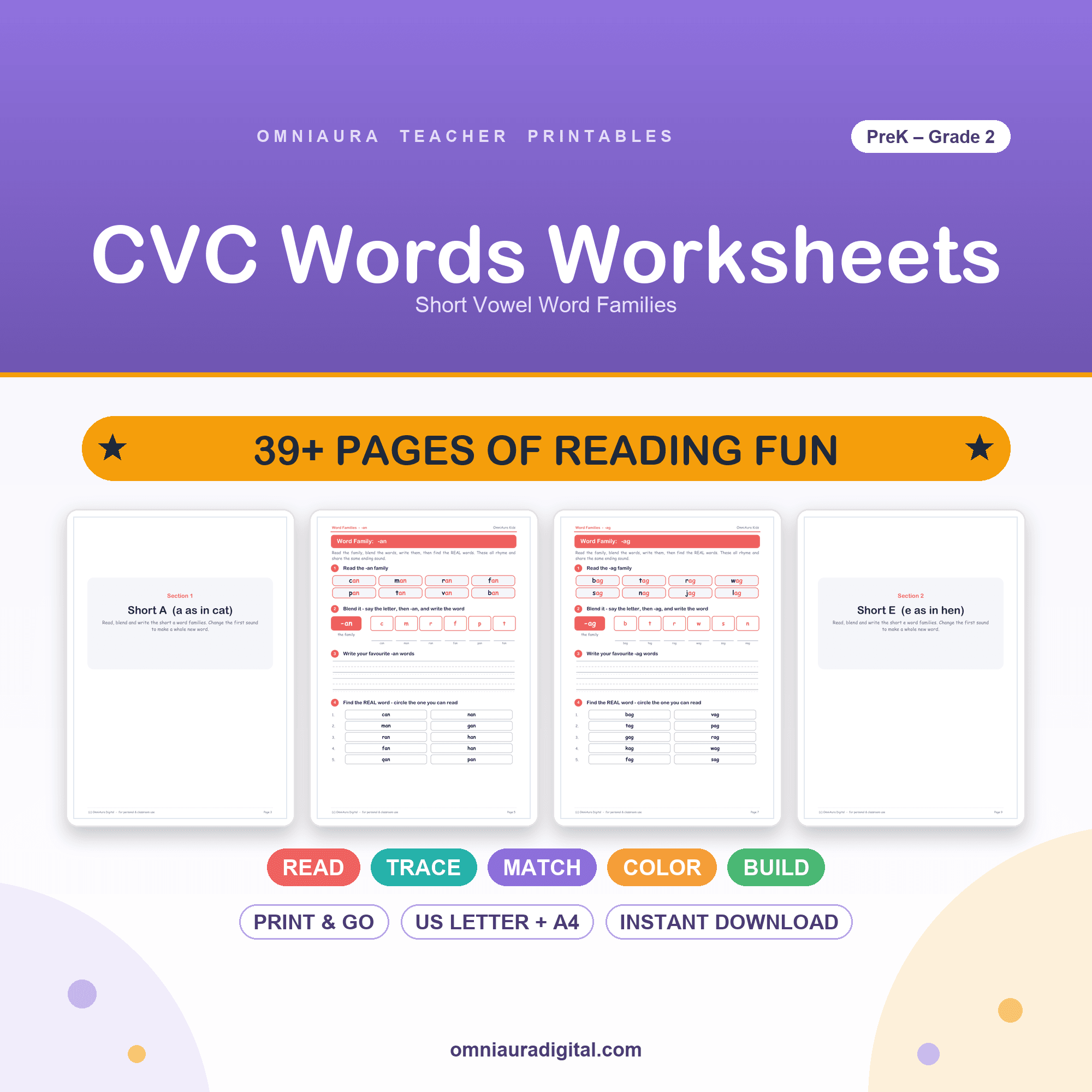 Free CVC phonics worksheets — printable preview